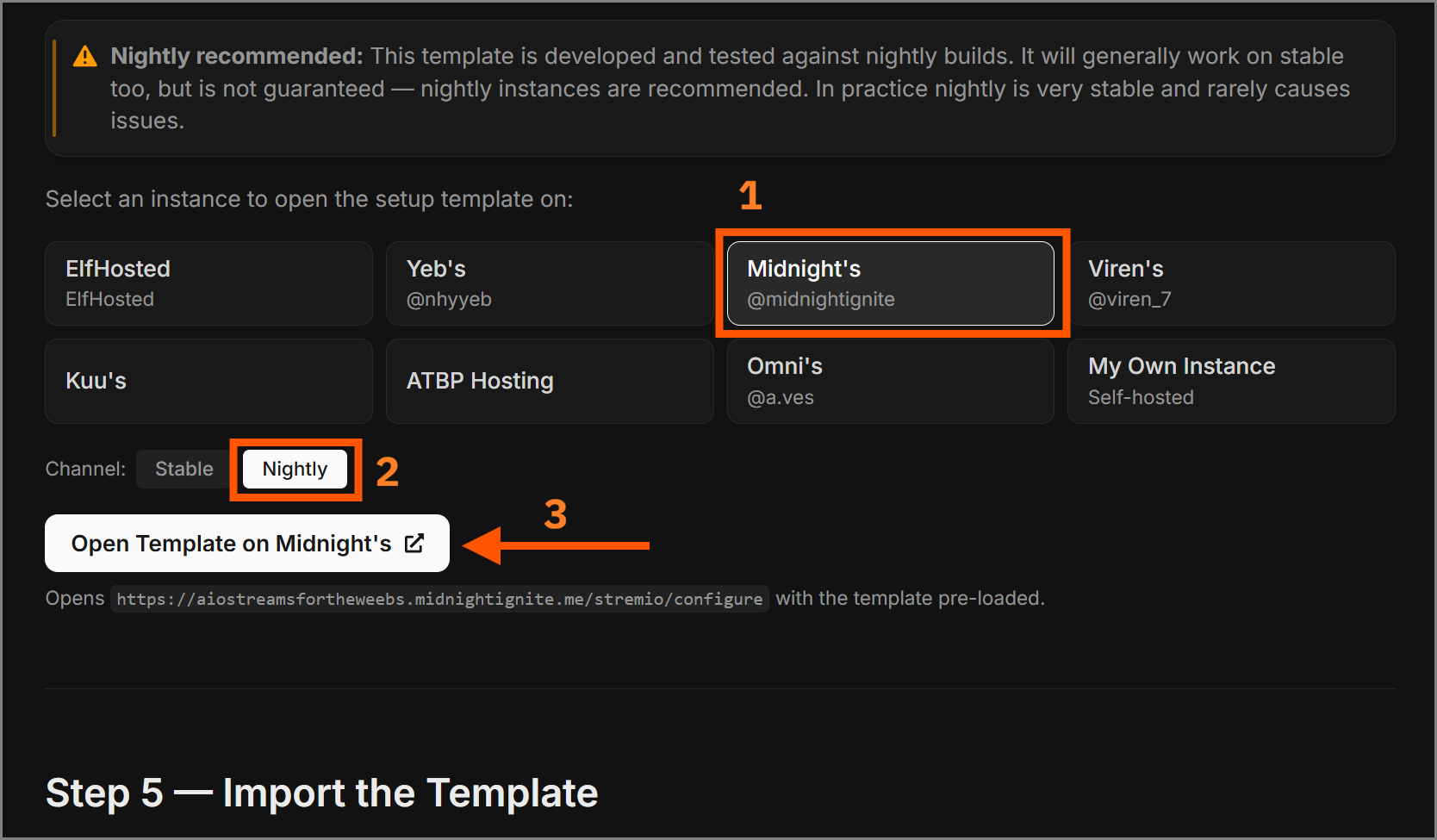Selecting the Nightly Midnight instance from the AIOStreams public list