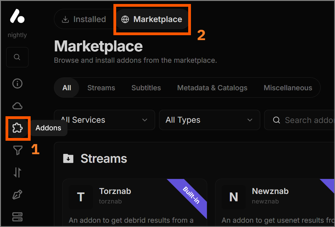 Navigating to the add-ons' Search page in AIOStreams