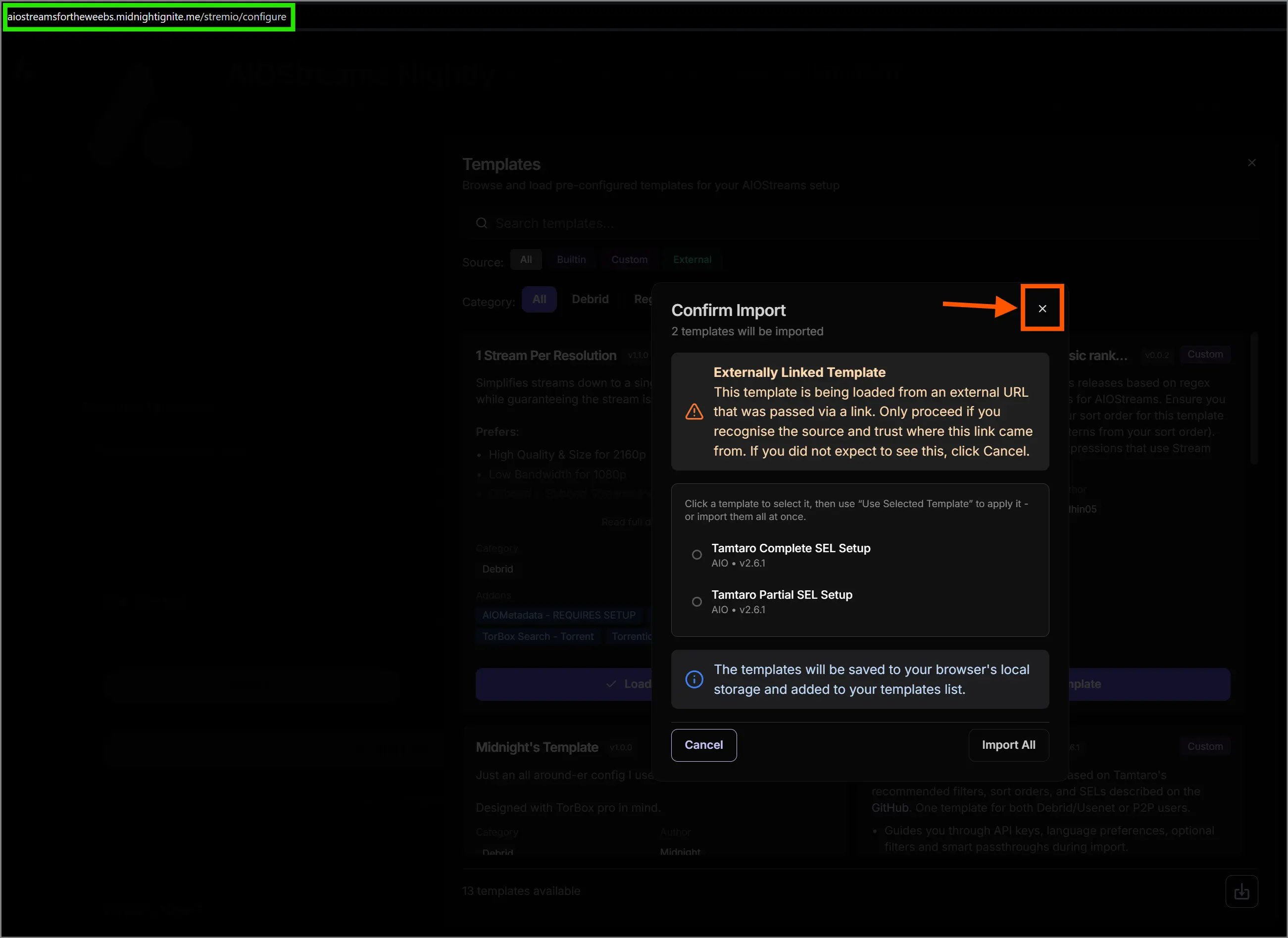 Closing the template pop-ups on AIOStreams initialization