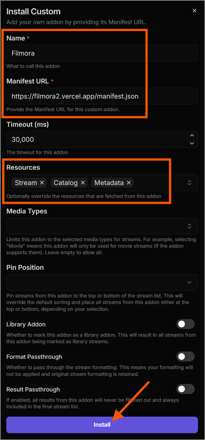 Clicking install for the manually added external add-on