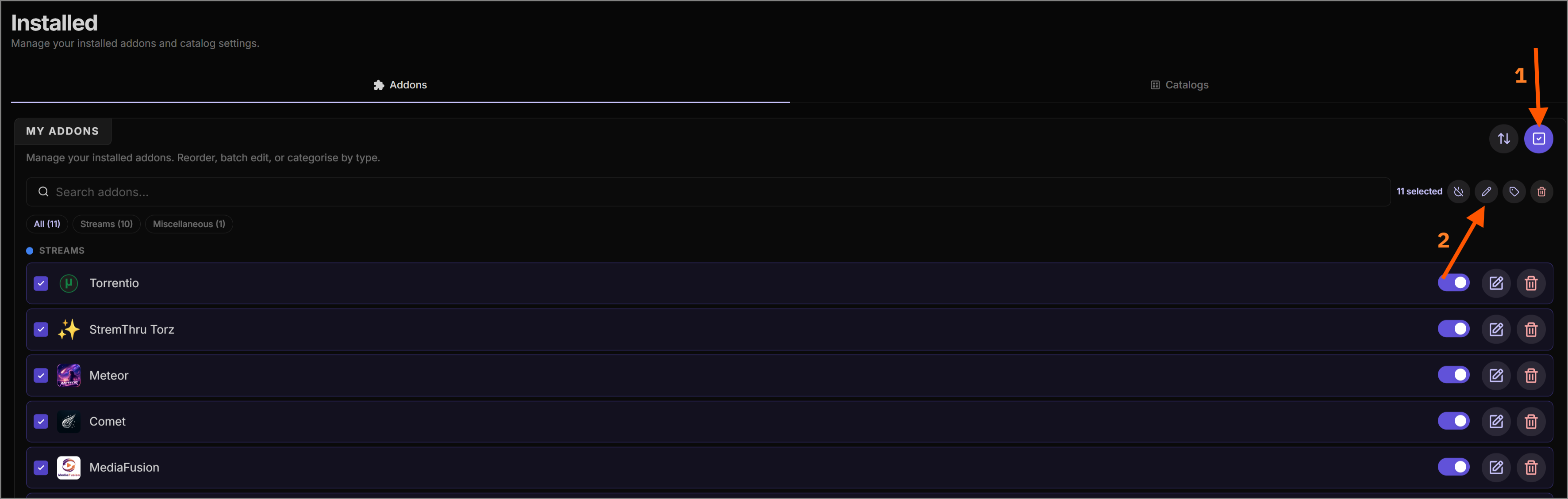 Selecting all add-ons in the AIOStreams interface using a checkbox
