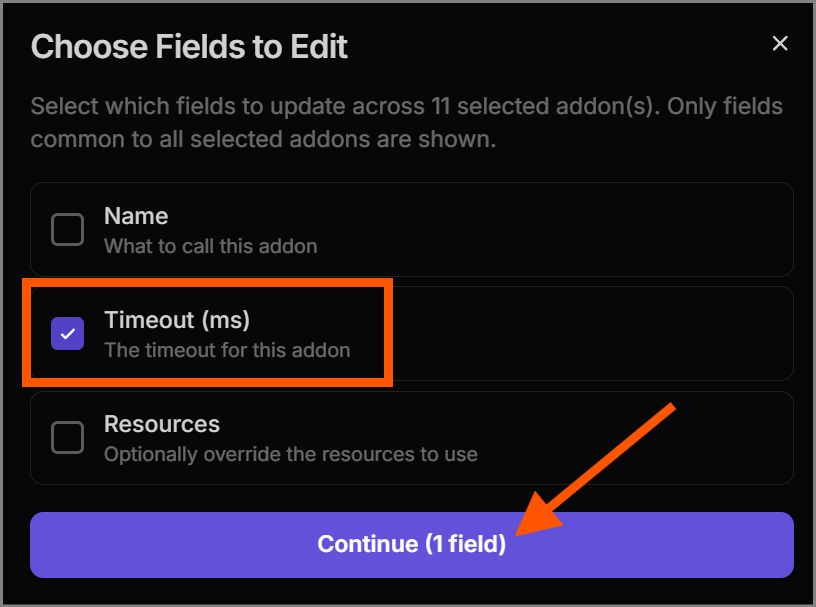 Opening the bulk actions menu and selecting the timeout option