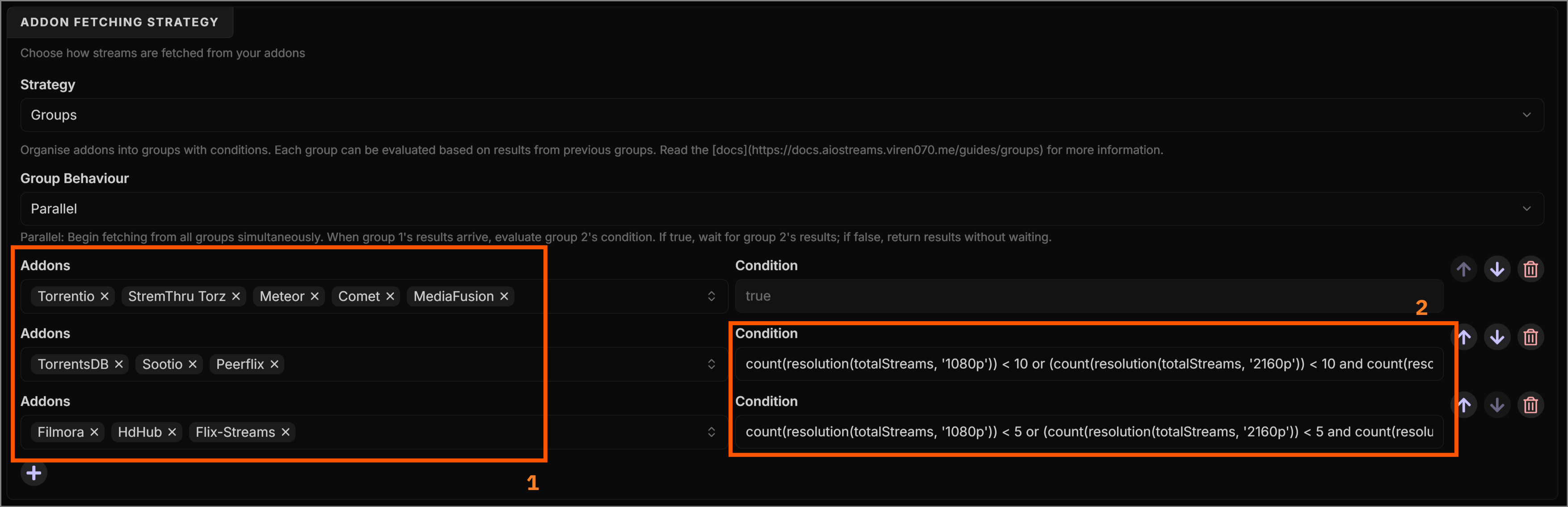 Pasting the condition expressions into the AIOStreams group settings block