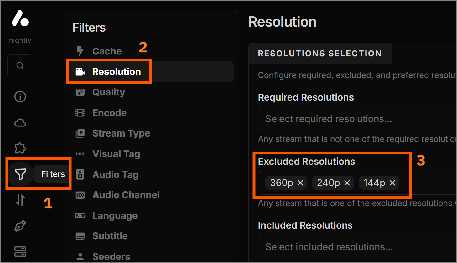 Excluding low resolutions such as 360p in the Filter menu