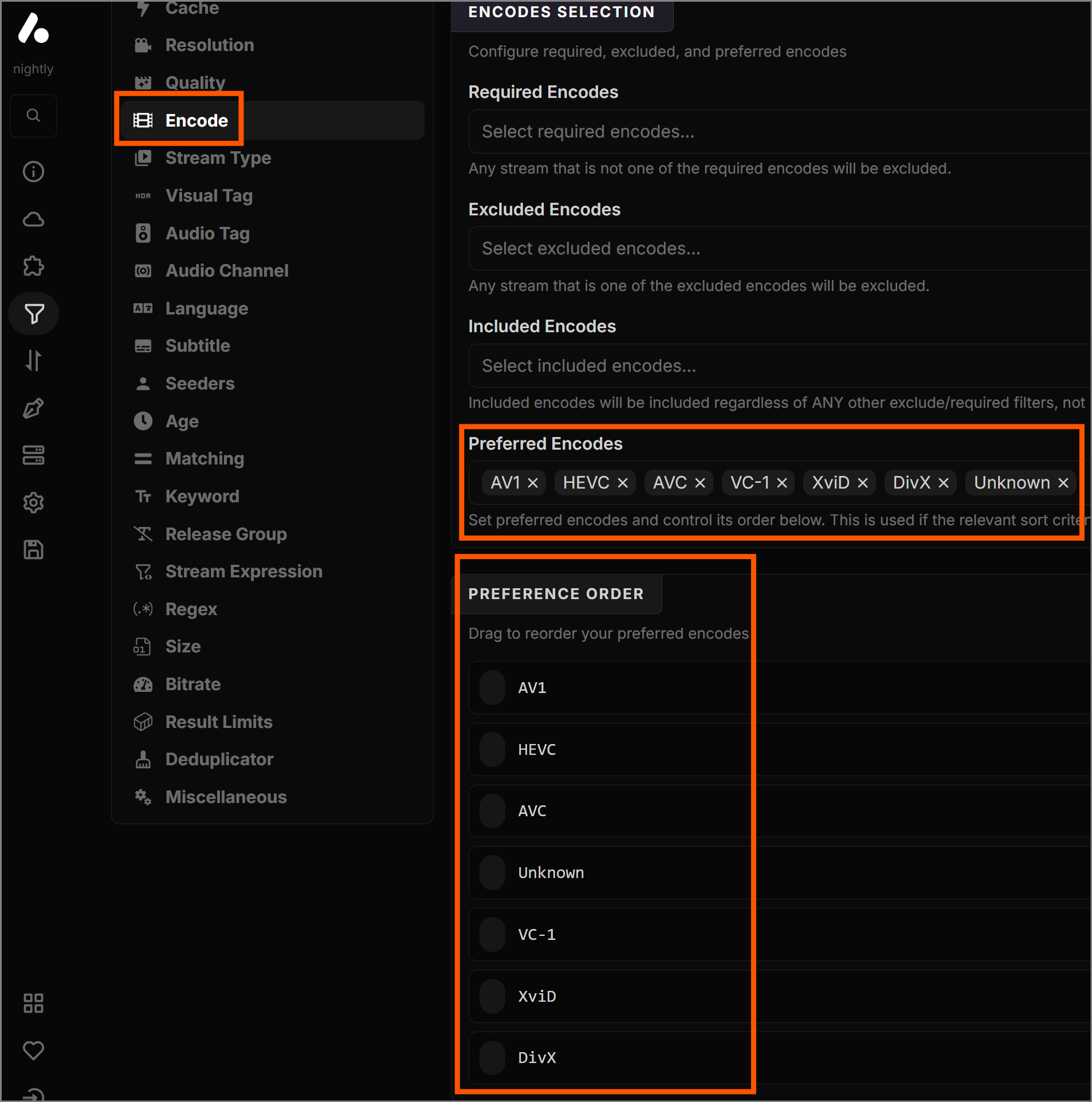 Setting the preferred video encode order