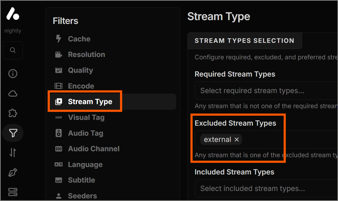Excluding the 'external' stream type option
