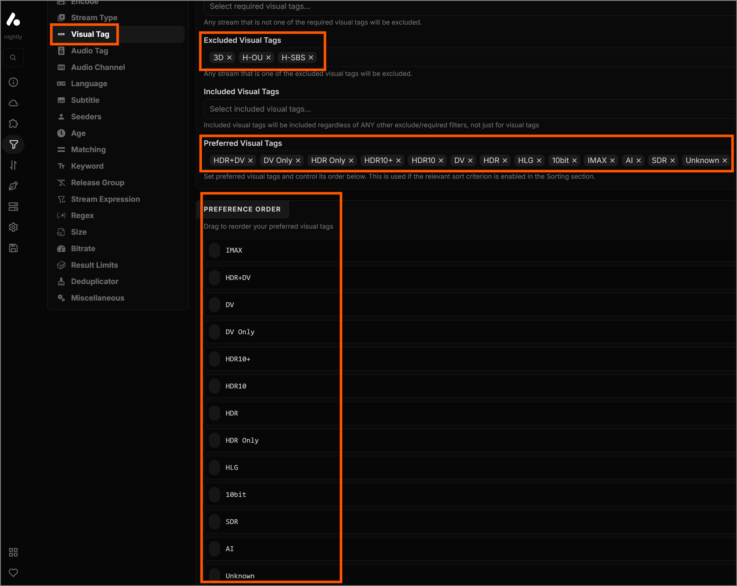 Ordering visual tags prioritizing IMAX and HDR