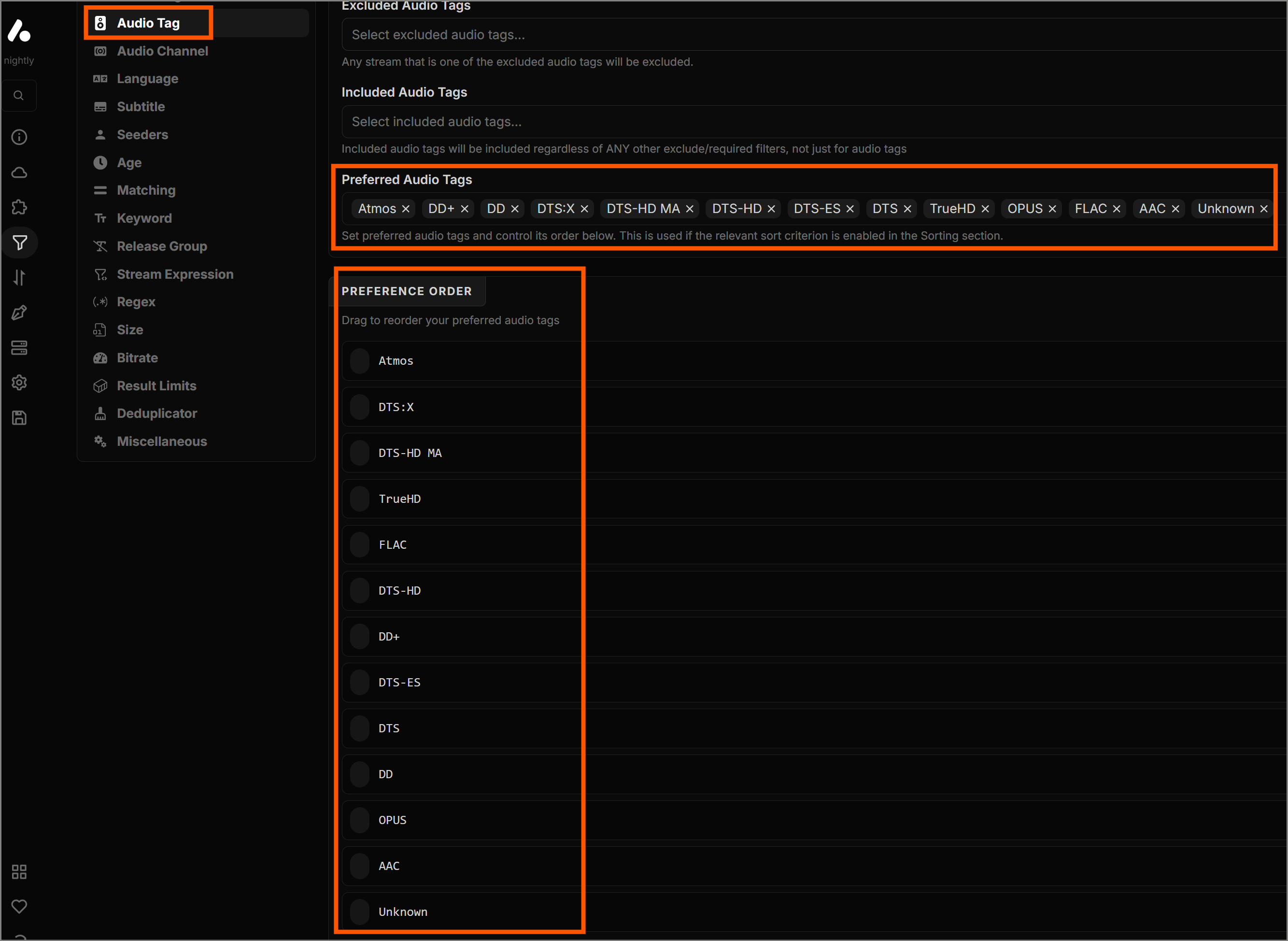 Ordering audio tags prioritizing Atmos and lossless formats