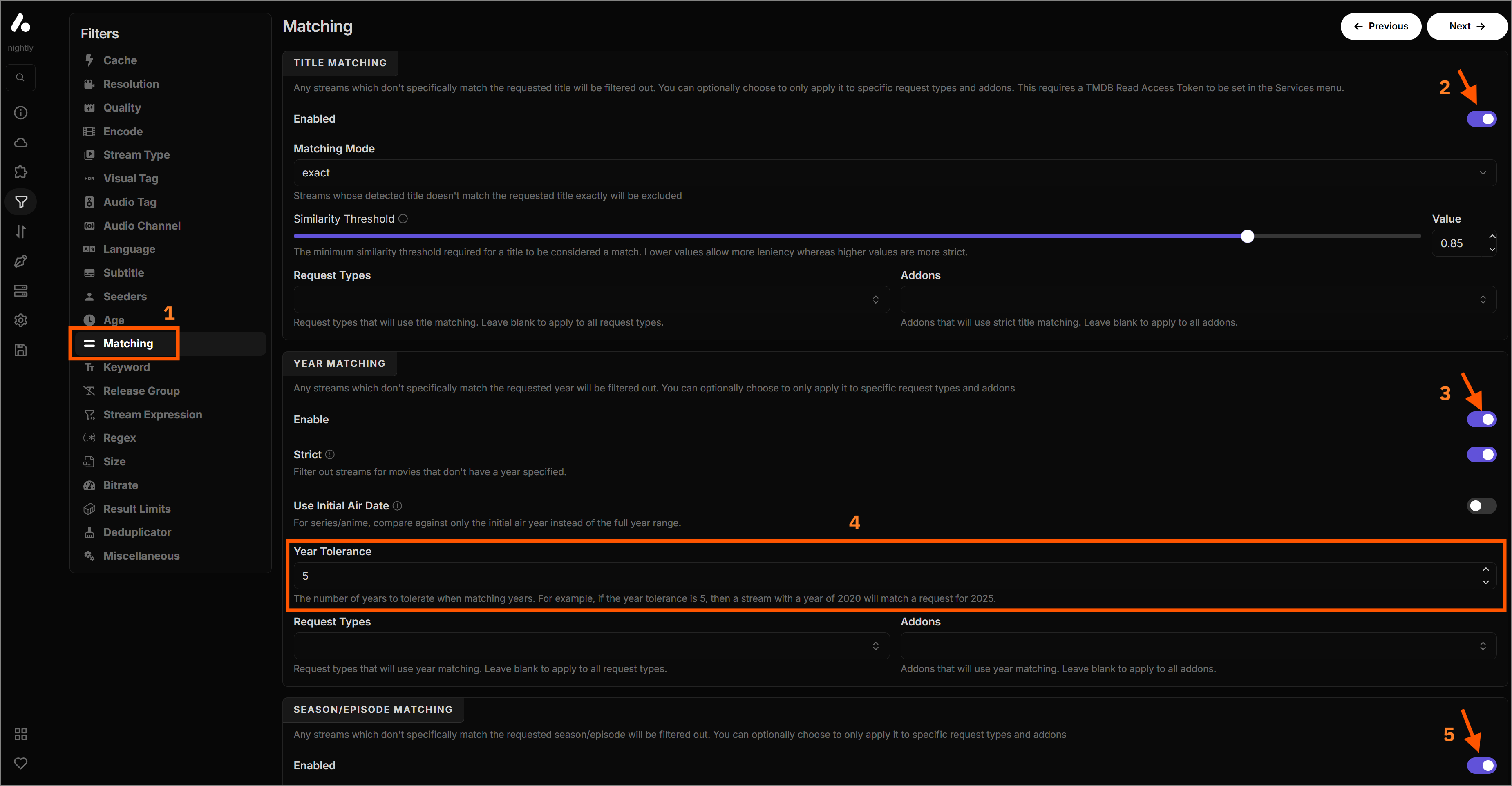 Toggling title, year, and episode matching on