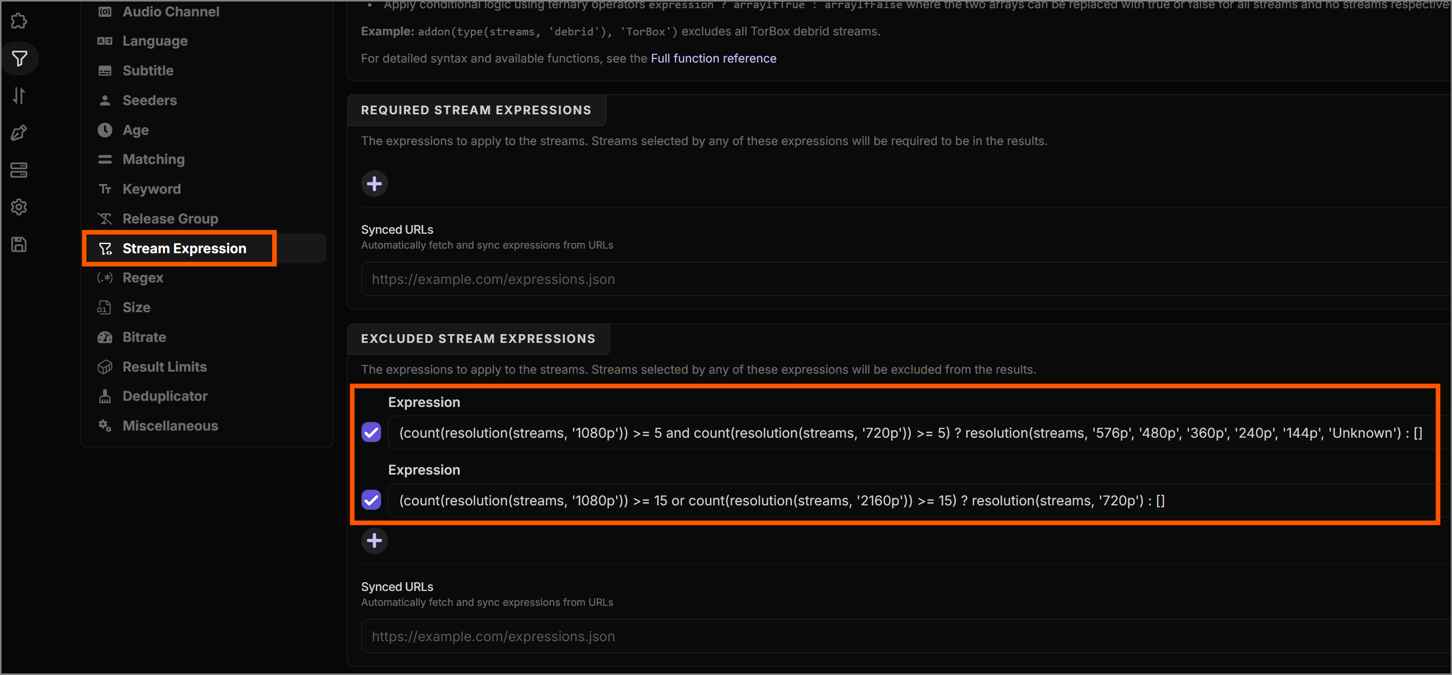 Pasting the stream expressions into the Excluded Stream Expressions settings field