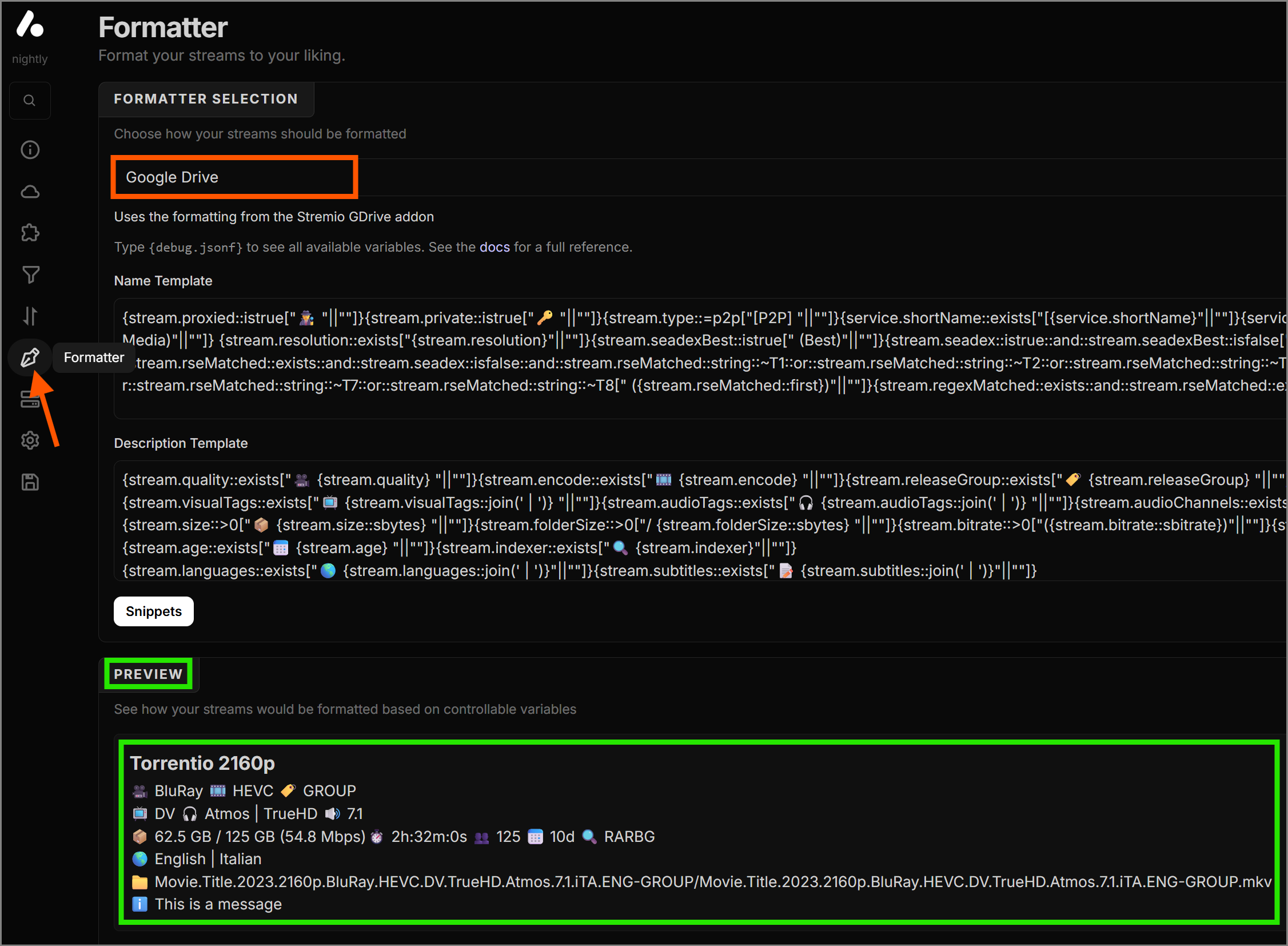 Choosing the Google Drive formatter layout from the dropdown