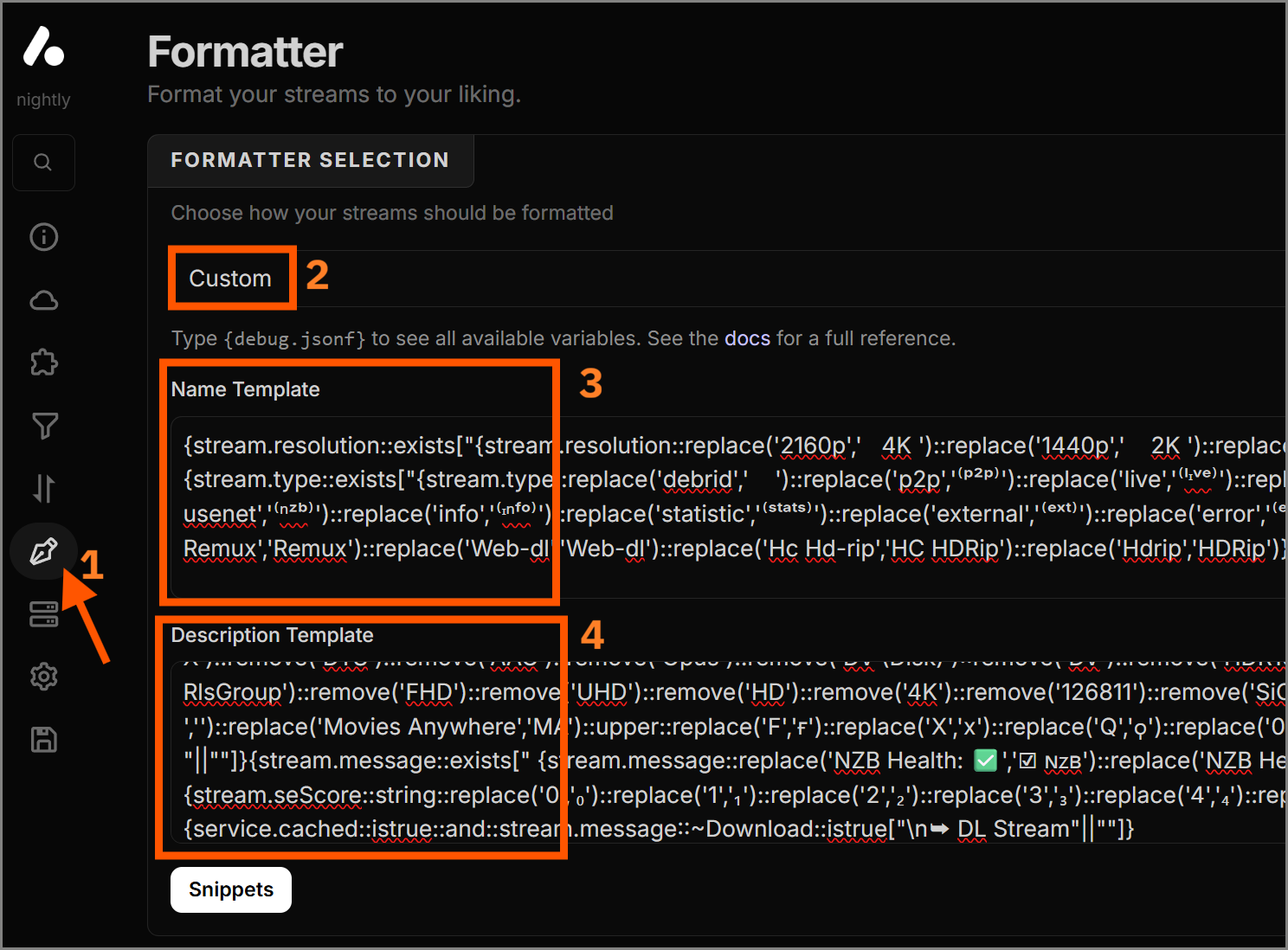 Pasting the custom name and description templates into AIOStreams settings