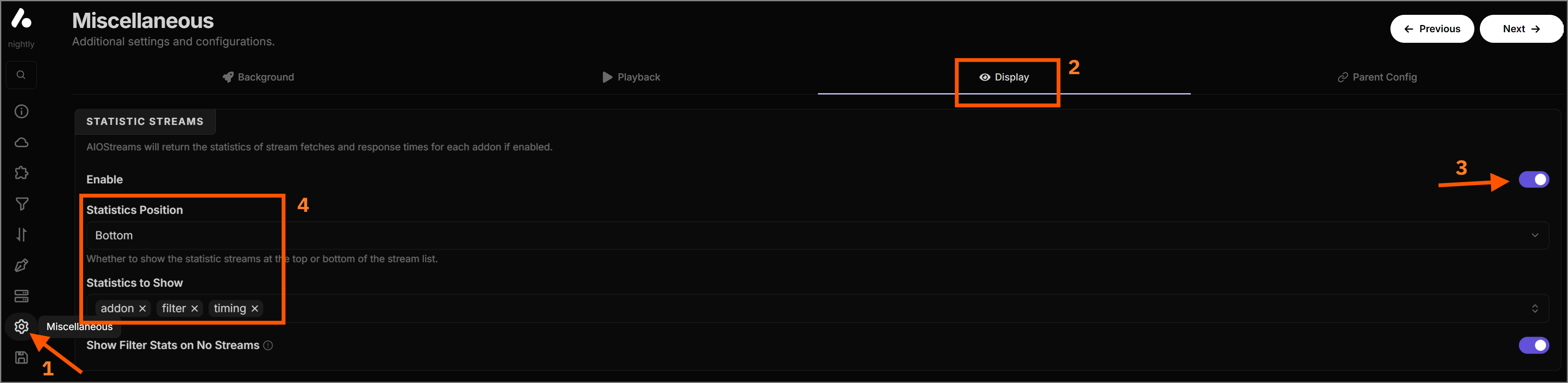 Enabling the Statistics block in the Miscellaneous settings