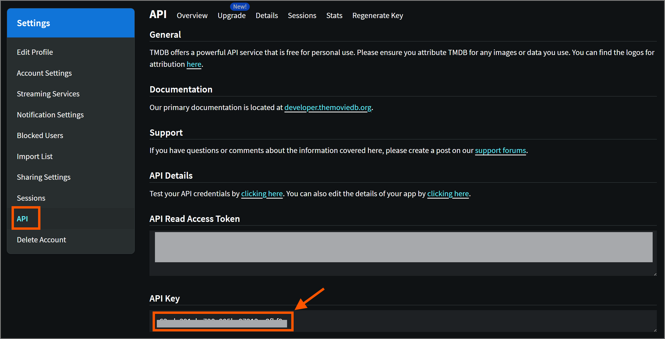 Navigating to the API Key to copy from your TMDB profile settings