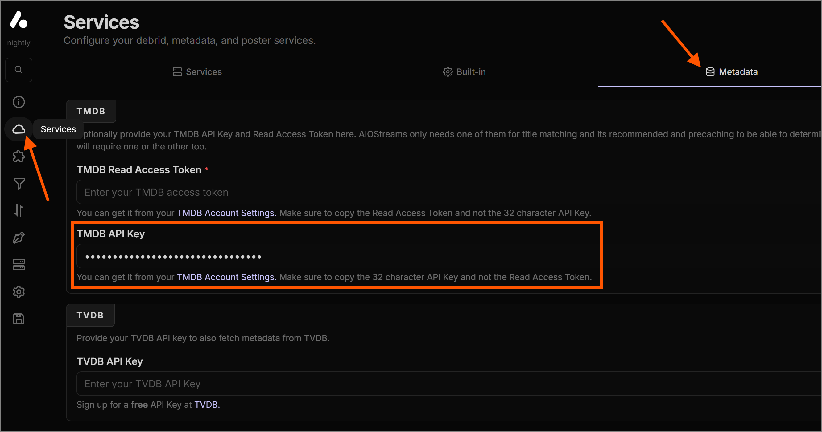 Pasting the TMDB API Key into the AIOStreams configuration
