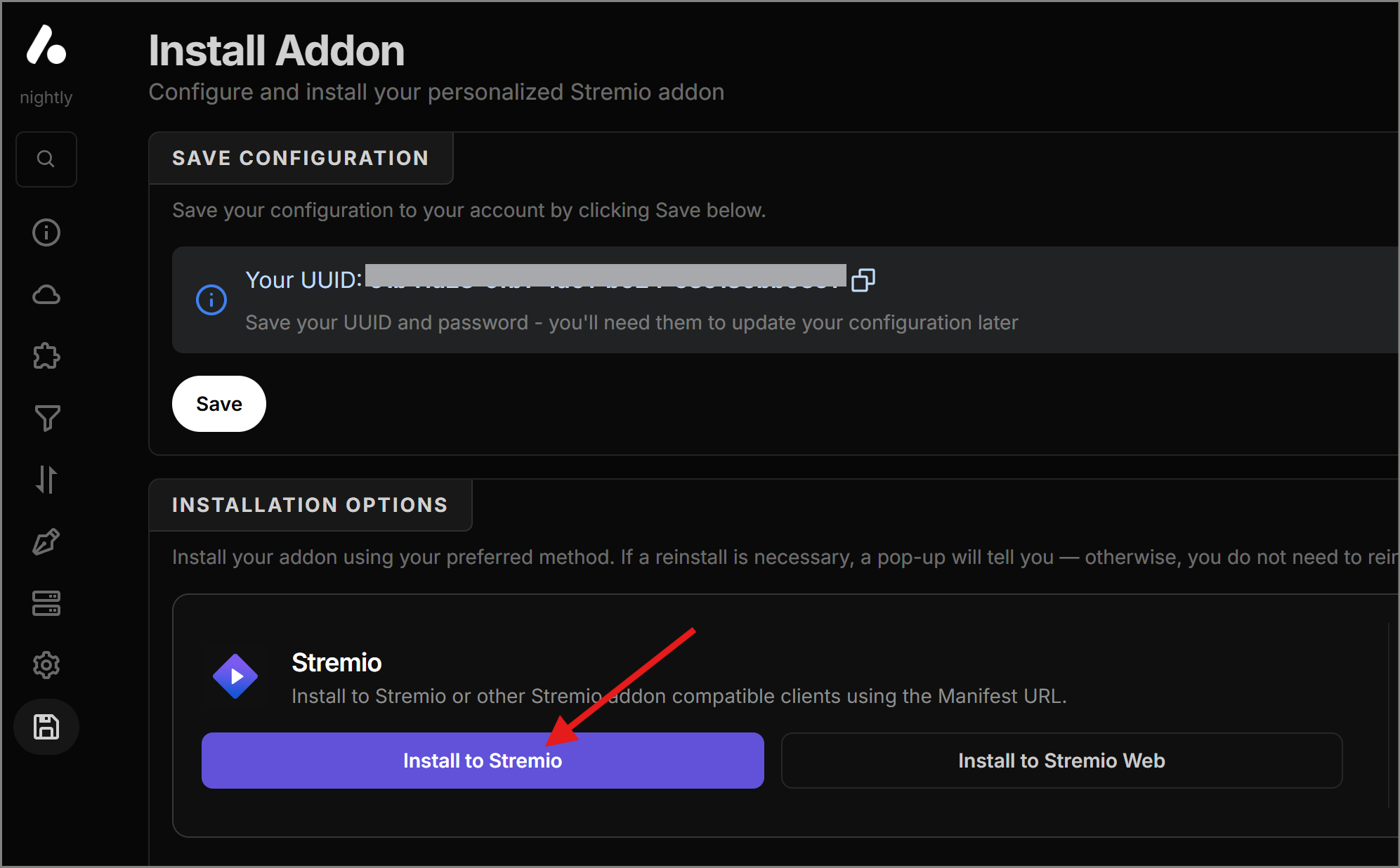 Clicking the Install button on the AIOStreams page