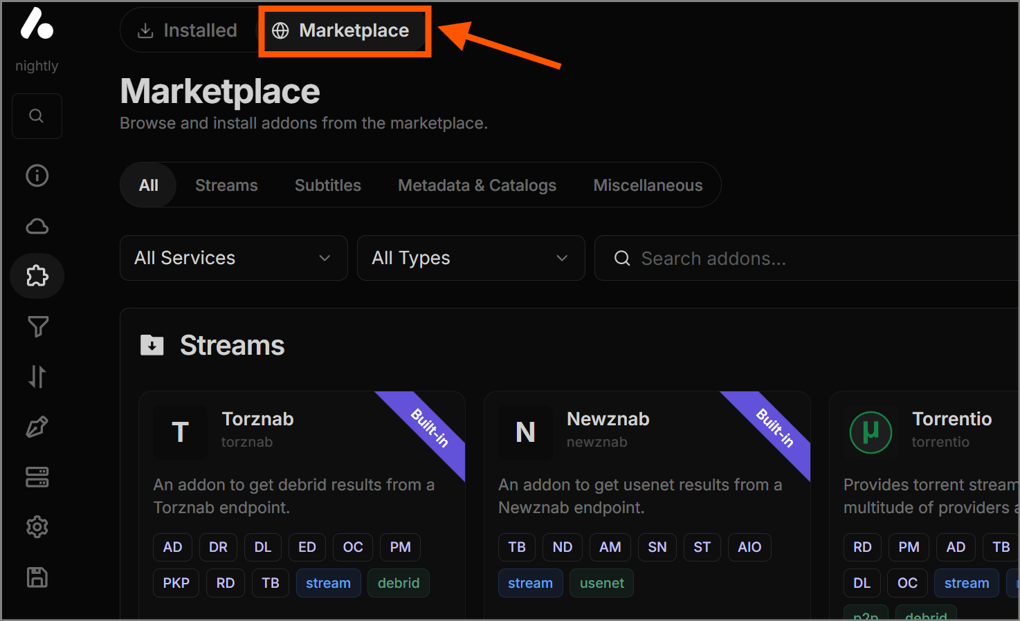 Selecting the add-on Marketplace option