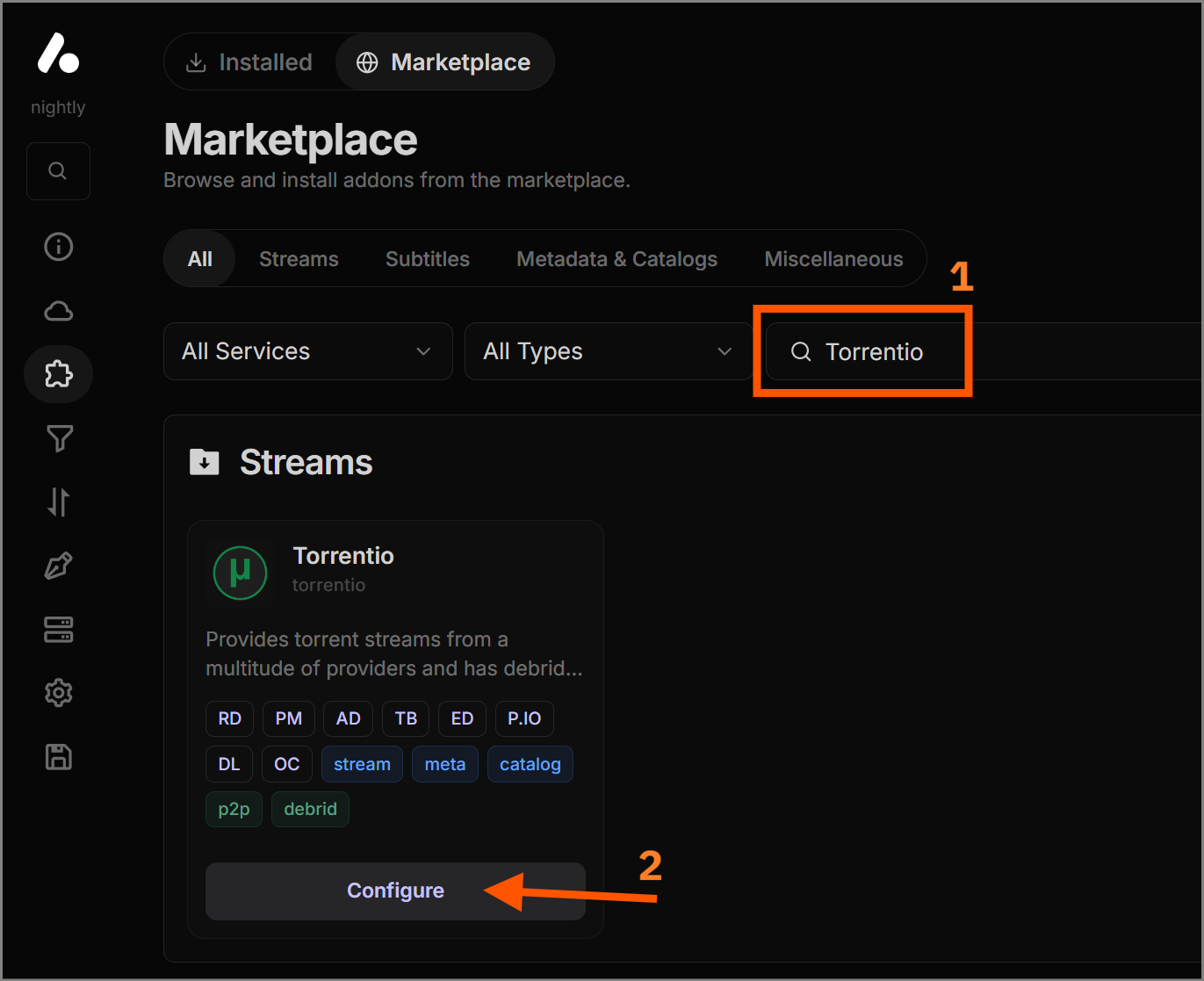 Finding Torrentio in the marketplace and clicking configure